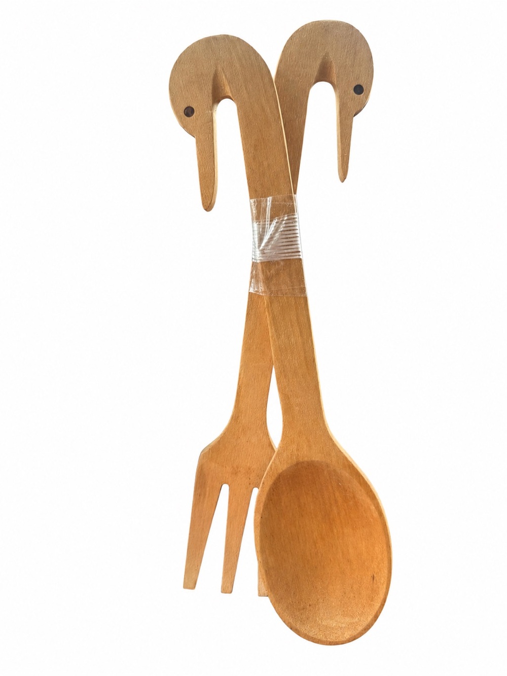 Hand Carved Vintage Wooden Duck  Salad Serving Set - Natural Wood